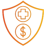 An icon of a shield with a health cross and a dollar sign with an orange to yellow gradient.
