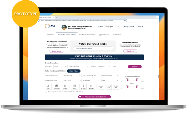A prototype of the new school search showing the advanced filters.