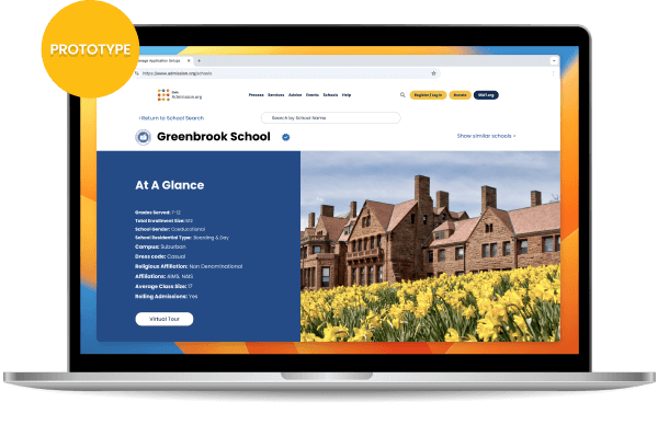 A screenshot of the anticipated school profiles featuring large imagery and info about the school. Prototype.